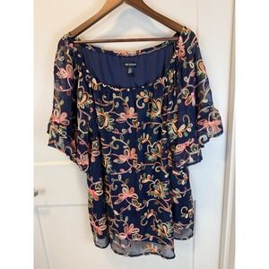 Nina Leonard Floral Embroidered Boho Navy Sheer Chiffon Blouse Size 2X